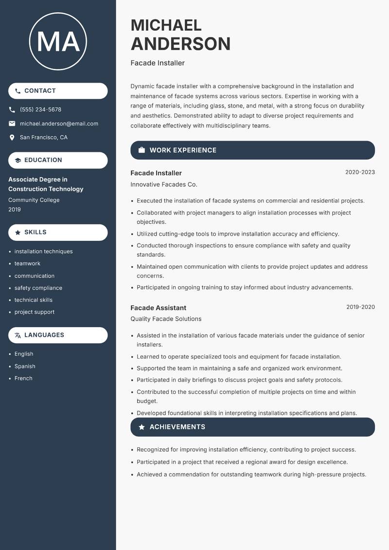 Facade Installer Resume Preview Example