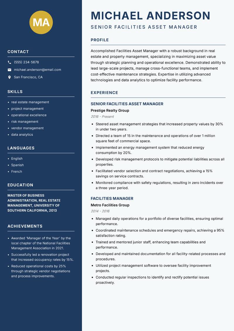 Facilities Asset Manager Resume Preview Example
