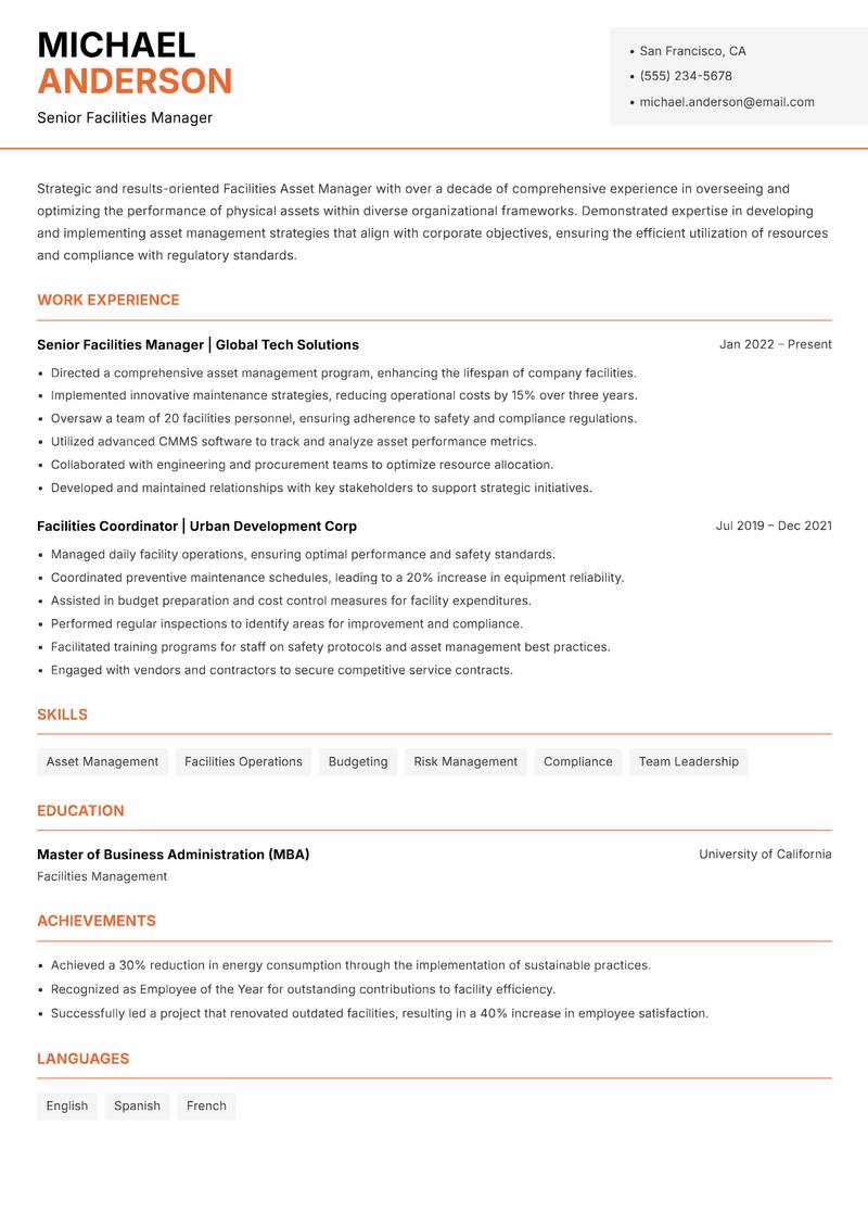 Facilities Asset Manager Resume Template