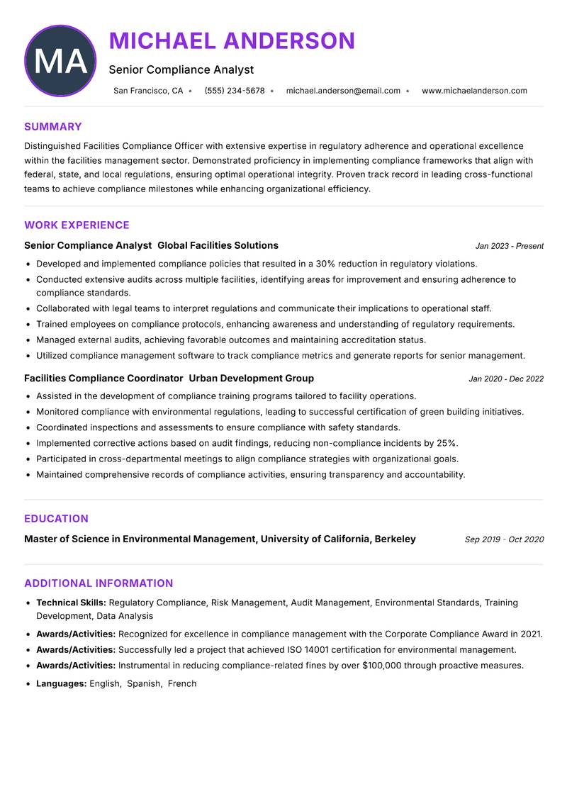 Facilities Compliance Officer Resume Preview Example