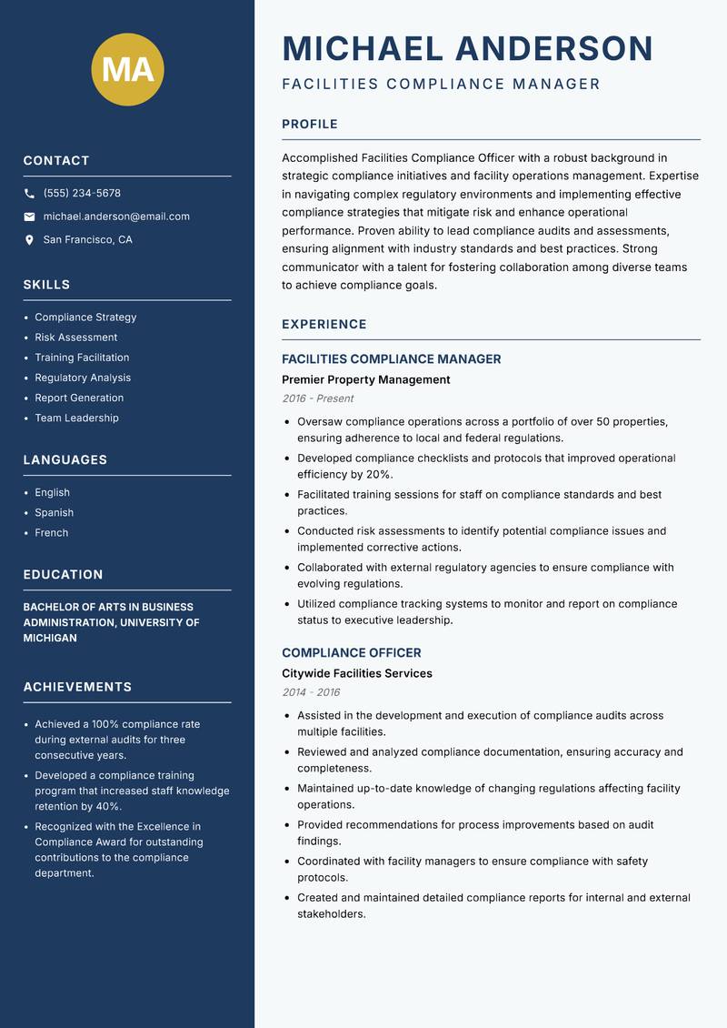 Facilities Compliance Officer Resume Preview Example