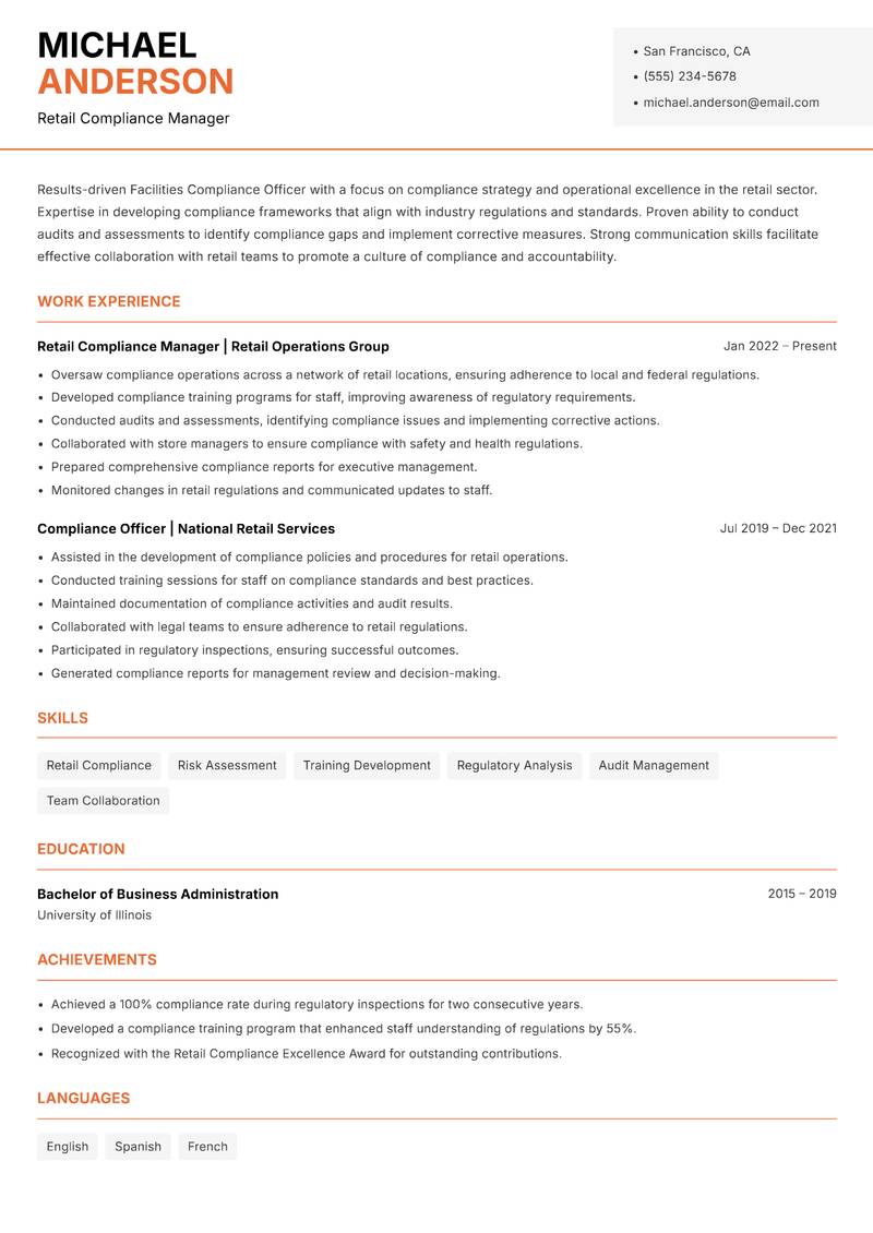 Facilities Compliance Officer Resume Template