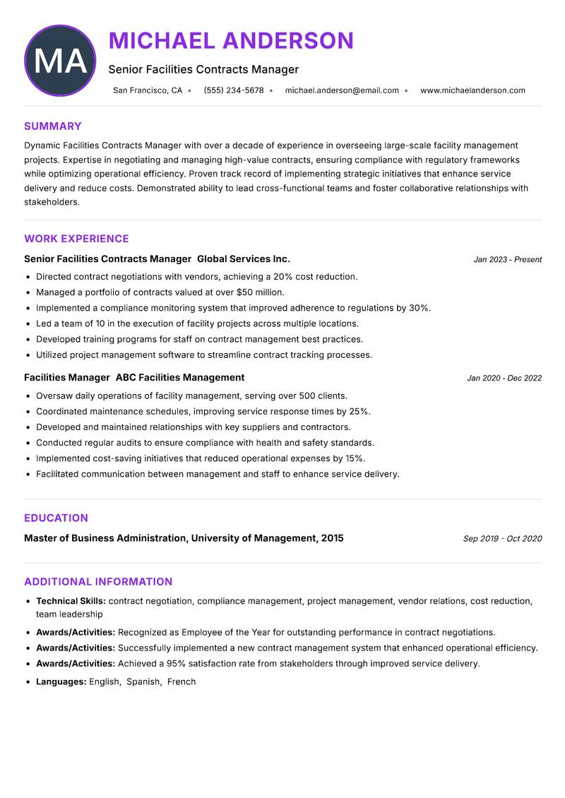 Facilities Contracts Manager Resume Preview Example