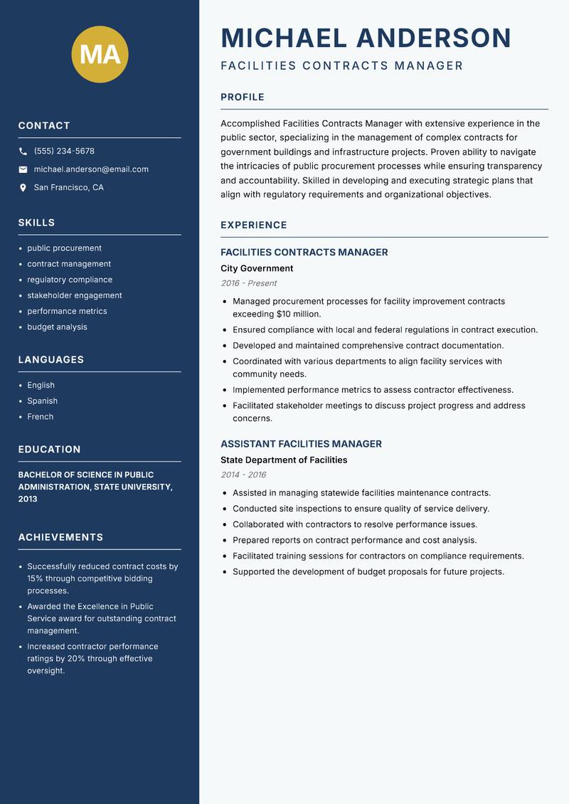 Facilities Contracts Manager Resume Preview Example