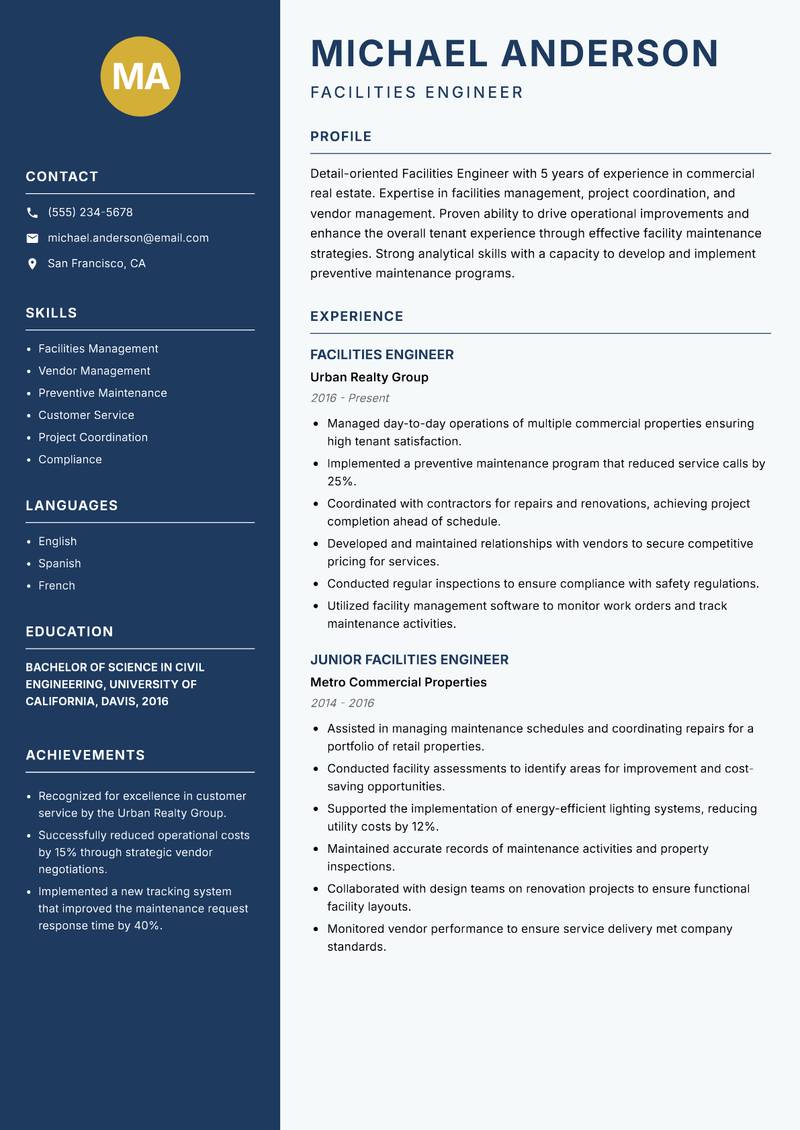 Facilities Engineer Resume Preview Example