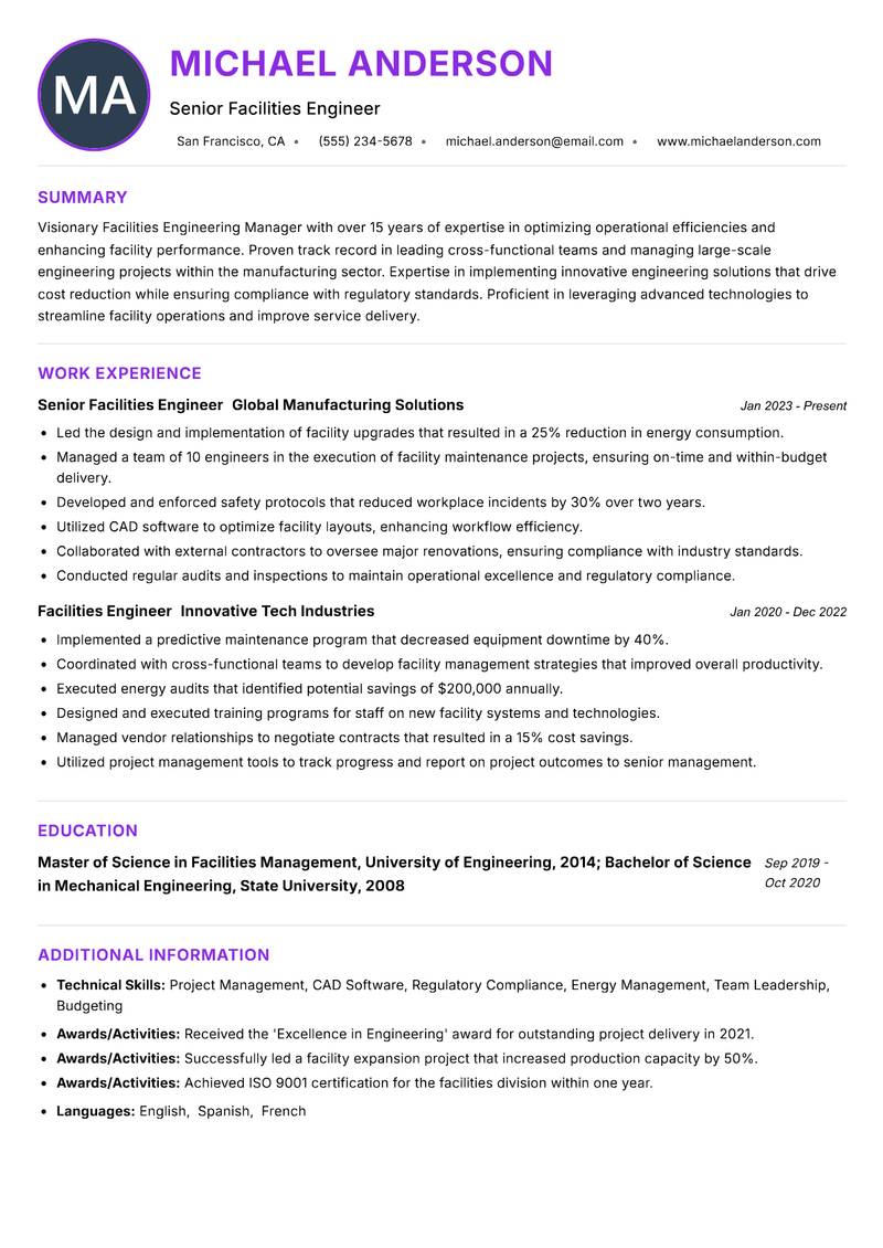 Facilities Engineering Manager Resume Preview Example