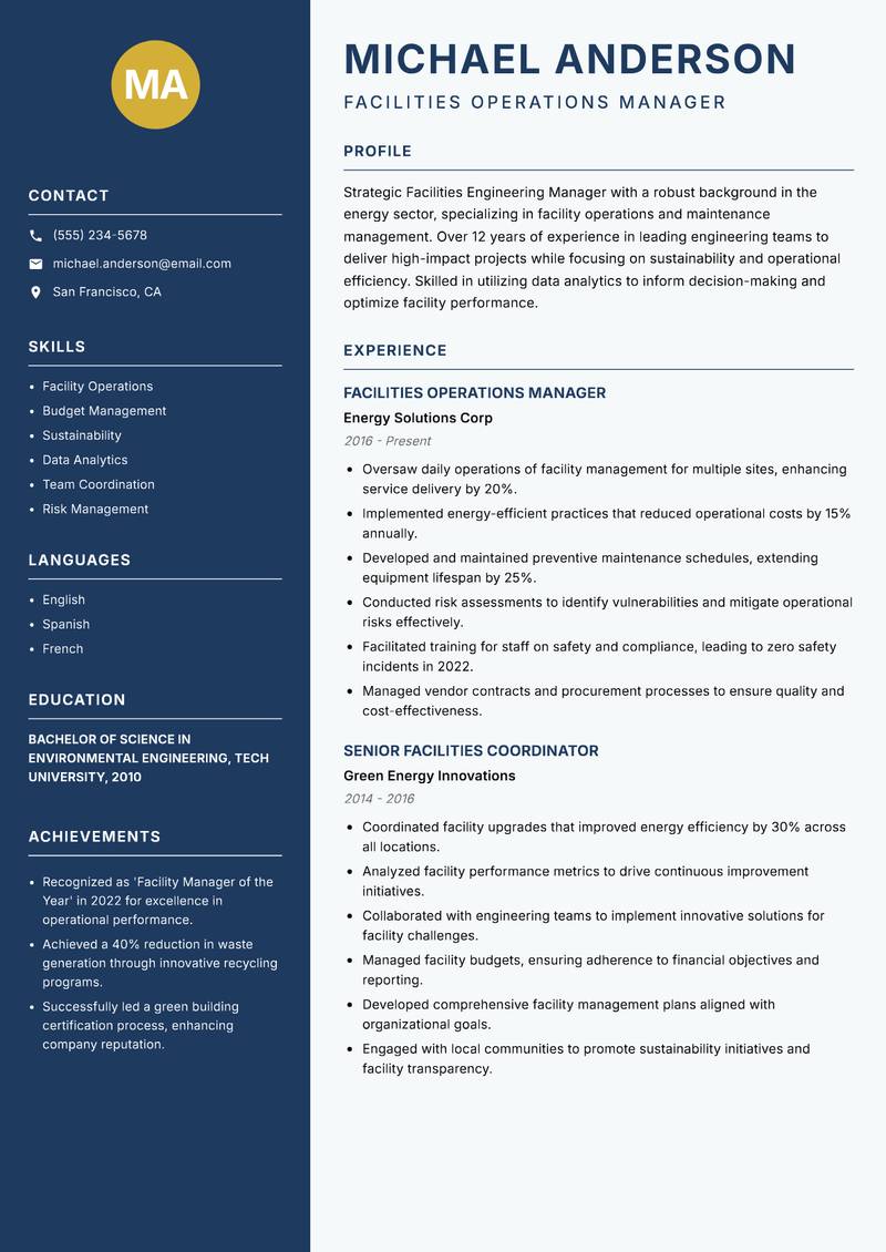 Facilities Engineering Manager Resume Preview Example