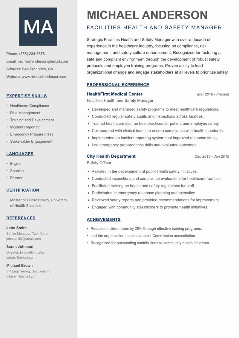 Facilities Health and Safety Manager Resume Preview Example