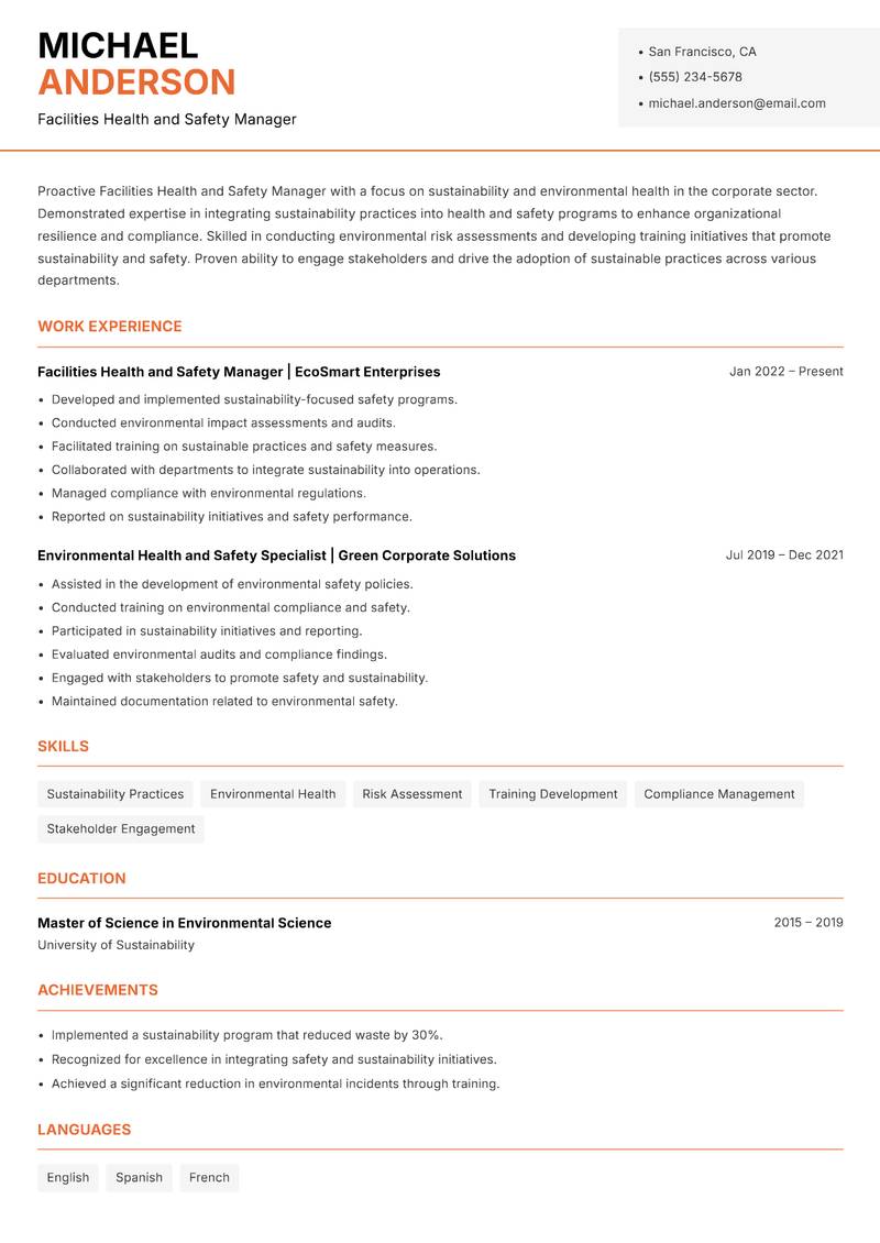 Facilities Health and Safety Manager Resume Template
