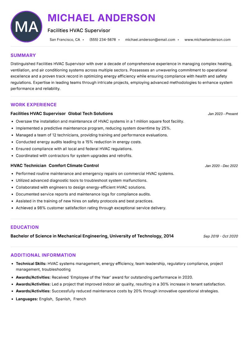Facilities HVAC Supervisor Resume Preview Example
