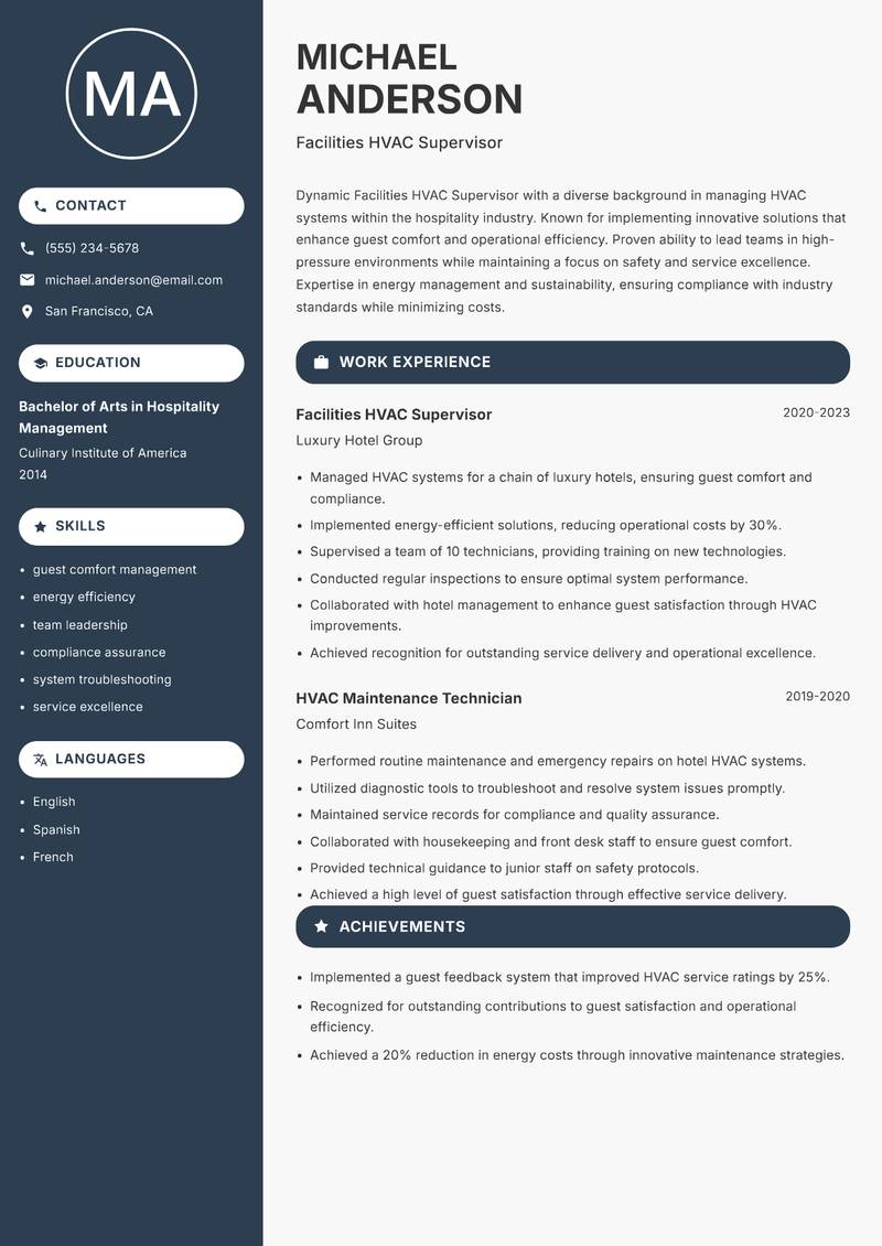 Facilities HVAC Supervisor Resume Preview Example