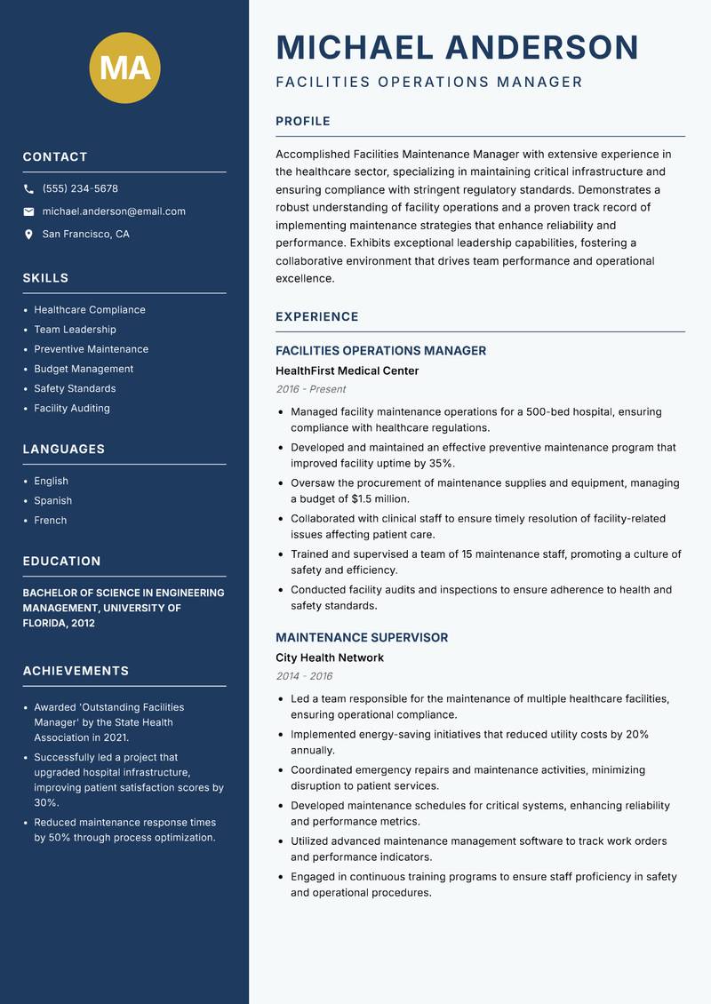 Facilities Maintenance Manager Resume Preview Example