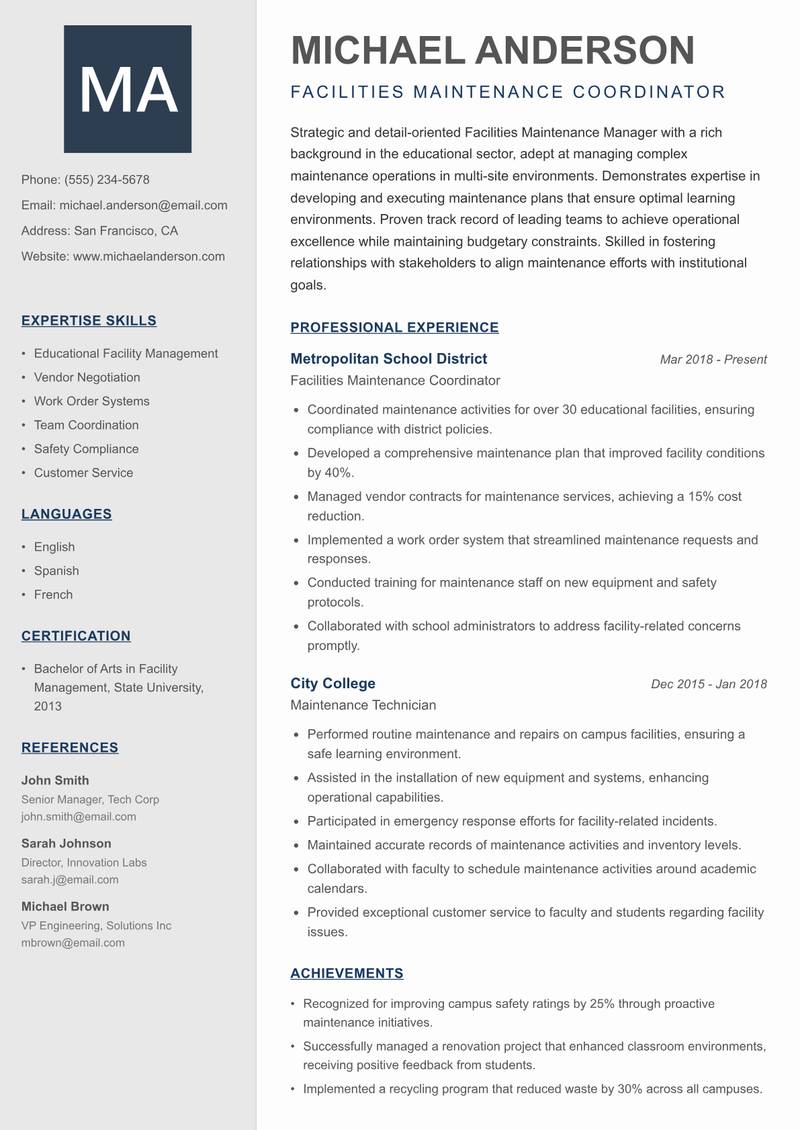 Facilities Maintenance Manager Resume Preview Example