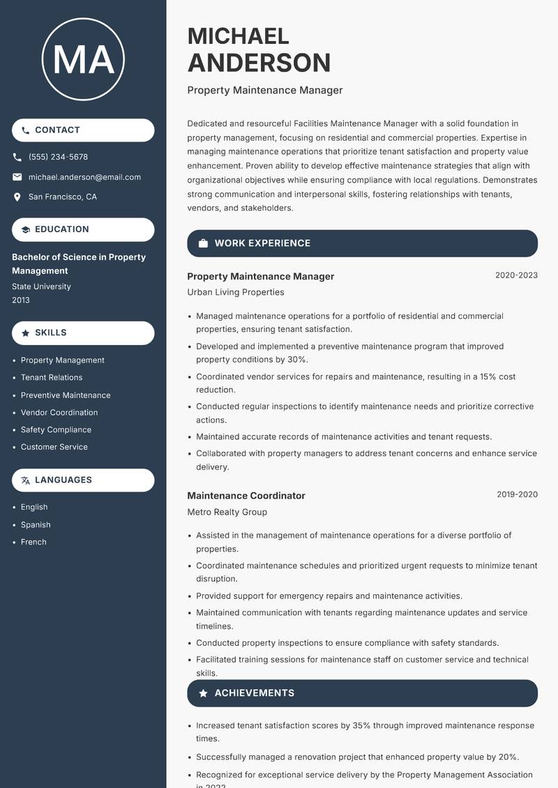 Facilities Maintenance Manager Resume Preview Example