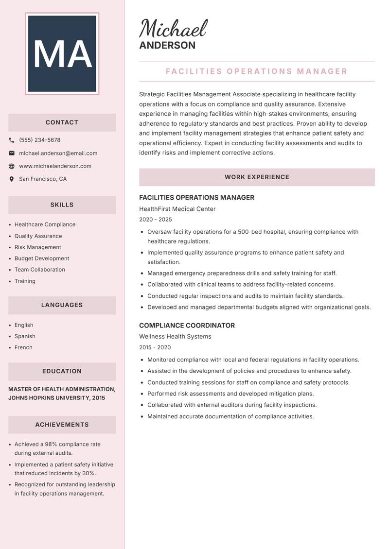 Facilities Management Associate Resume Preview Example