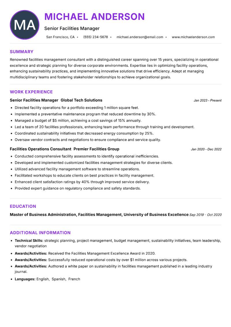 Facilities Management Consultant Resume Preview Example