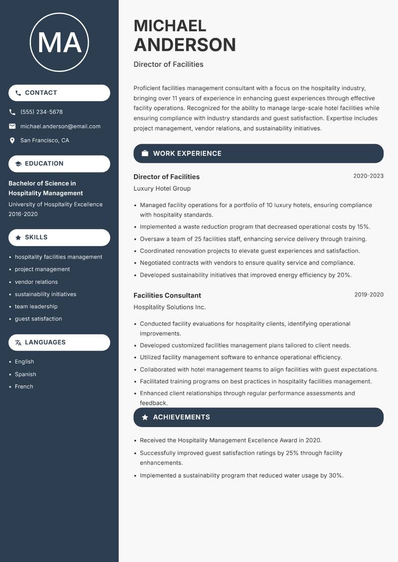 Facilities Management Consultant Resume Preview Example