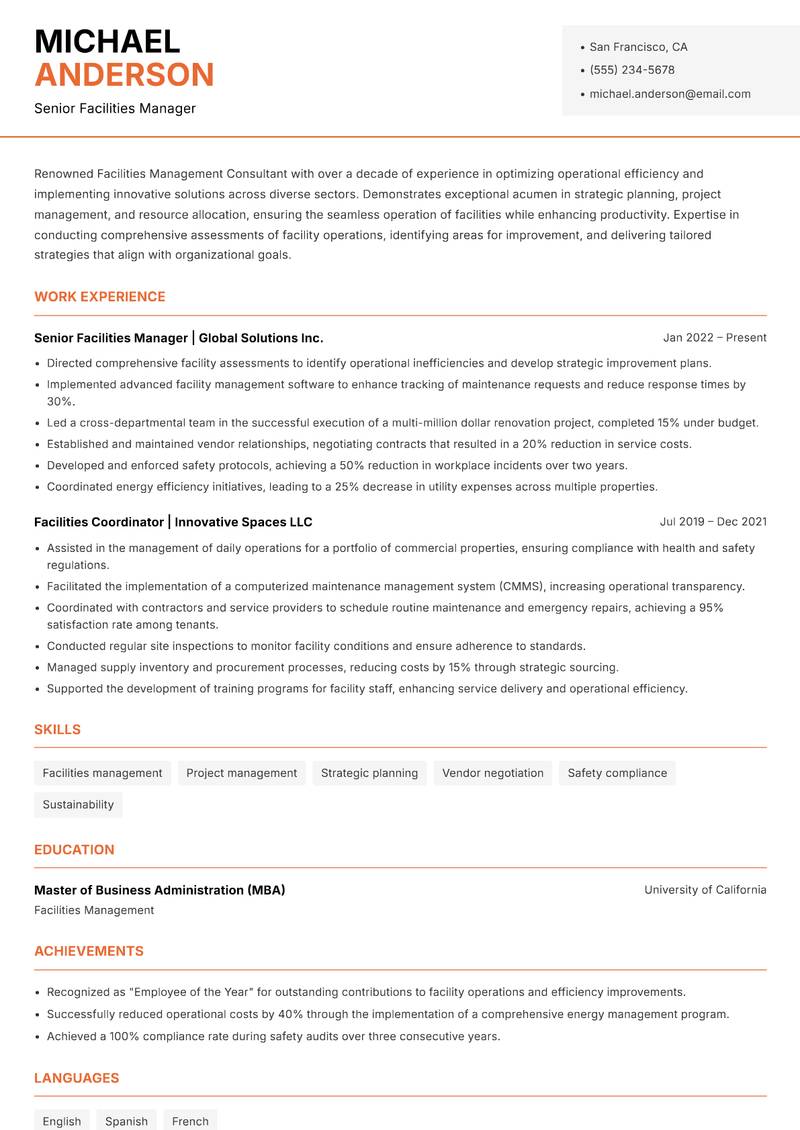 Facilities Management Consultant Resume Template