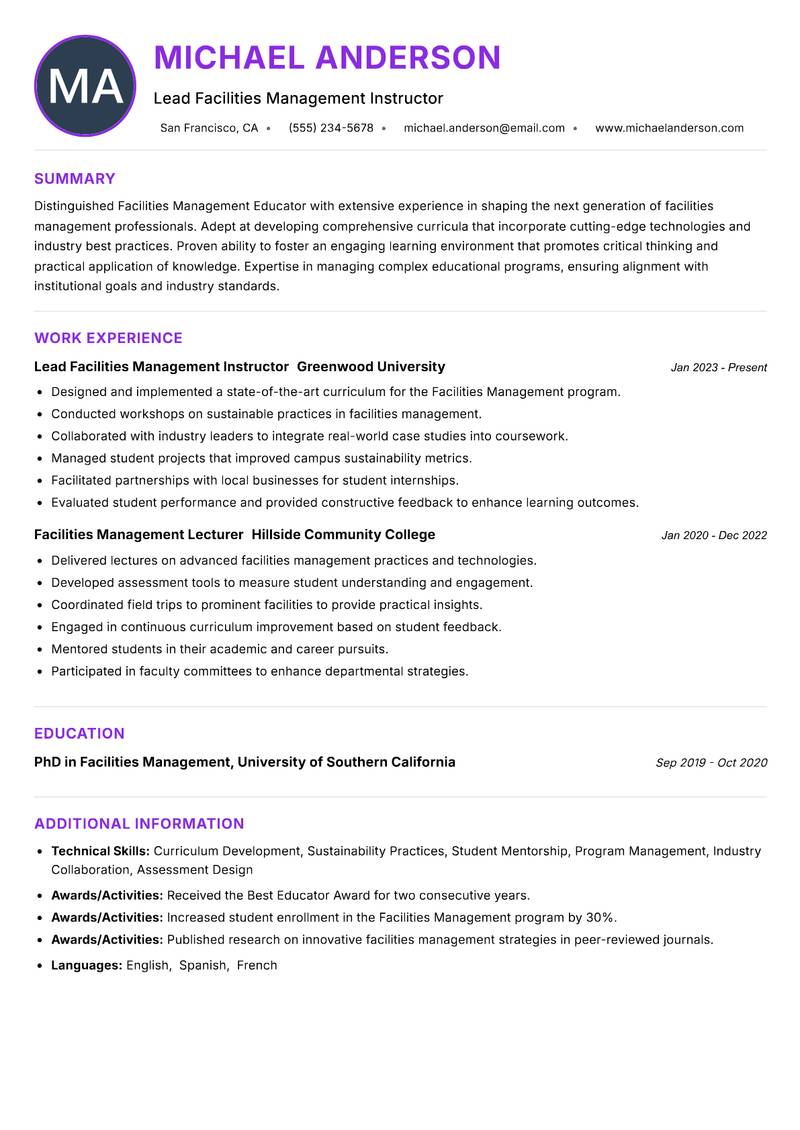 Facilities Management Educator Resume Preview Example