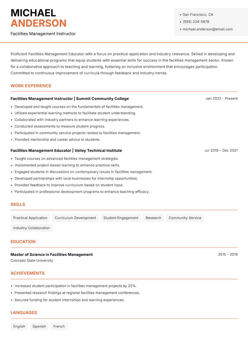Facilities Management Educator Resume Template