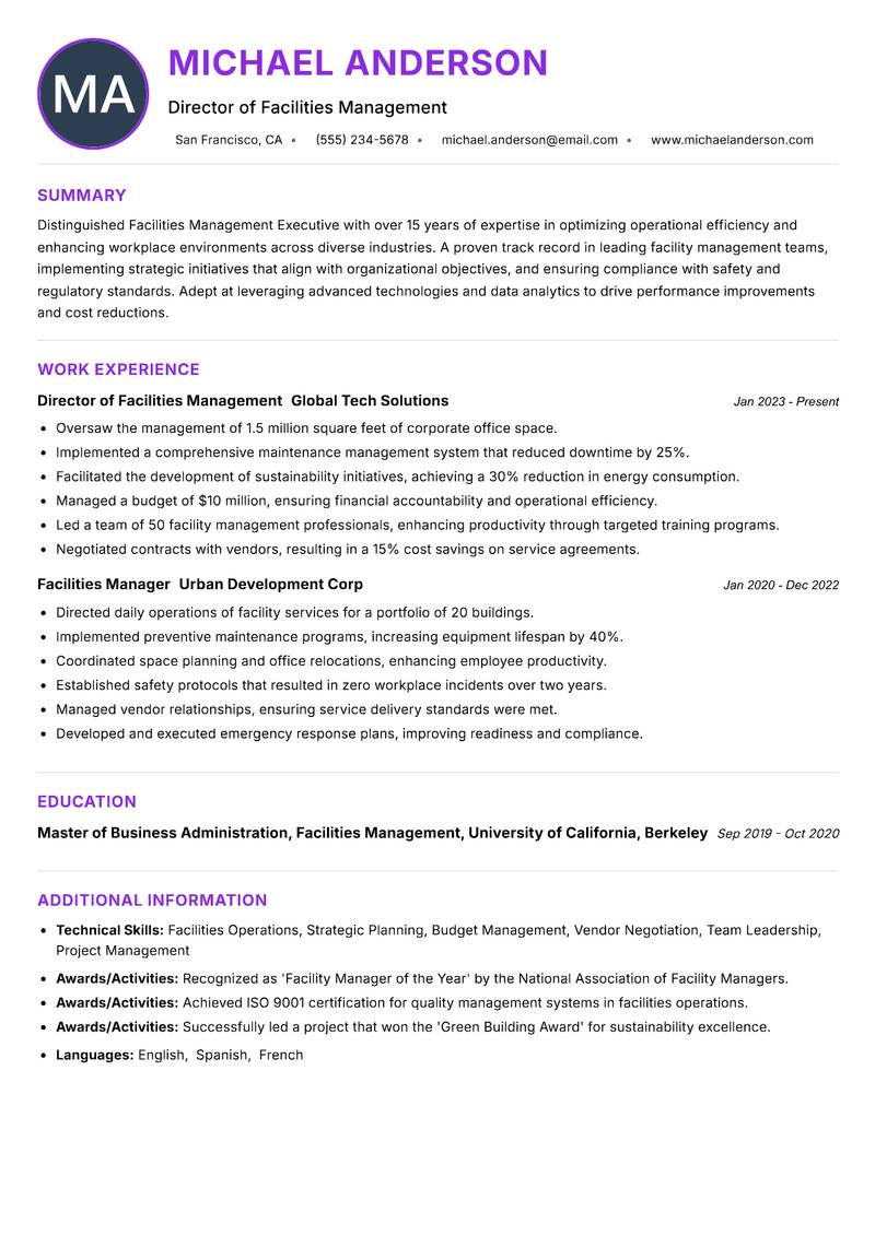 Facilities Management Executive Resume Preview Example