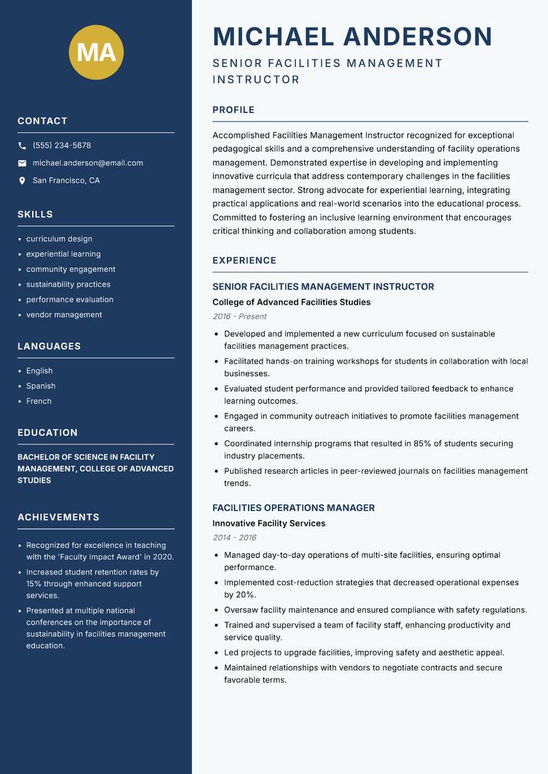 Facilities Management Instructor Resume Preview Example