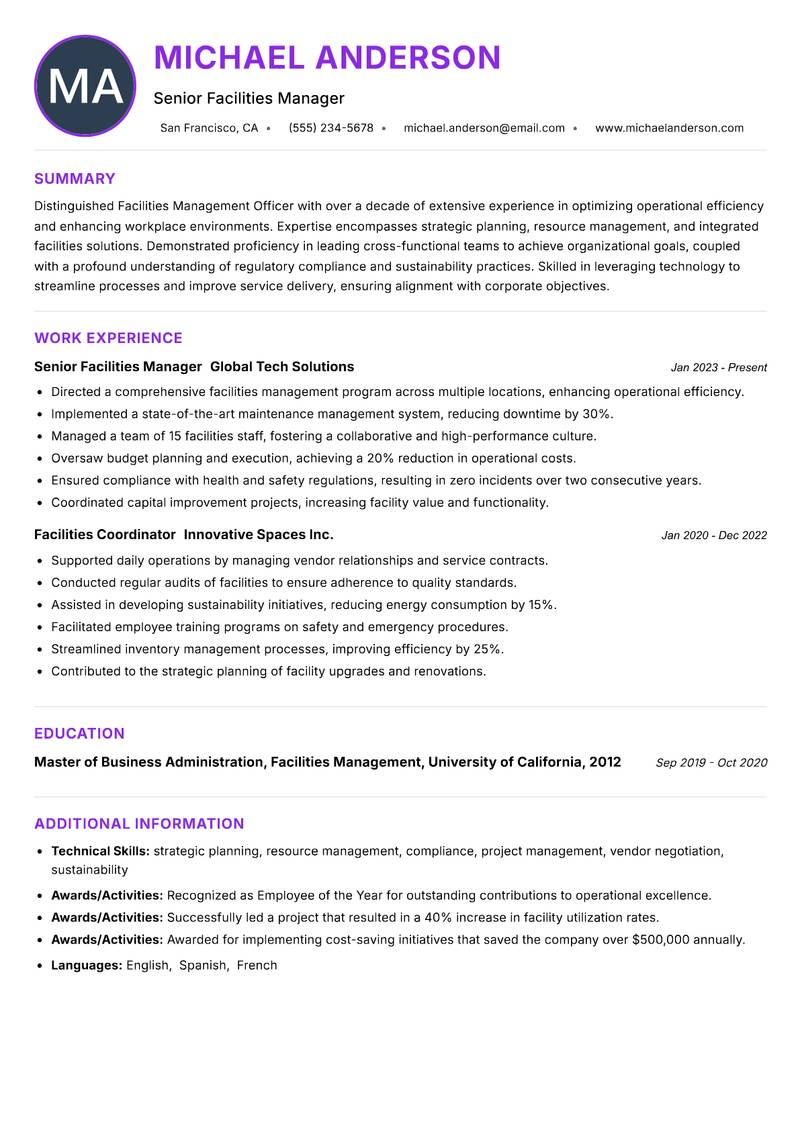 Facilities Management Officer Resume Preview Example
