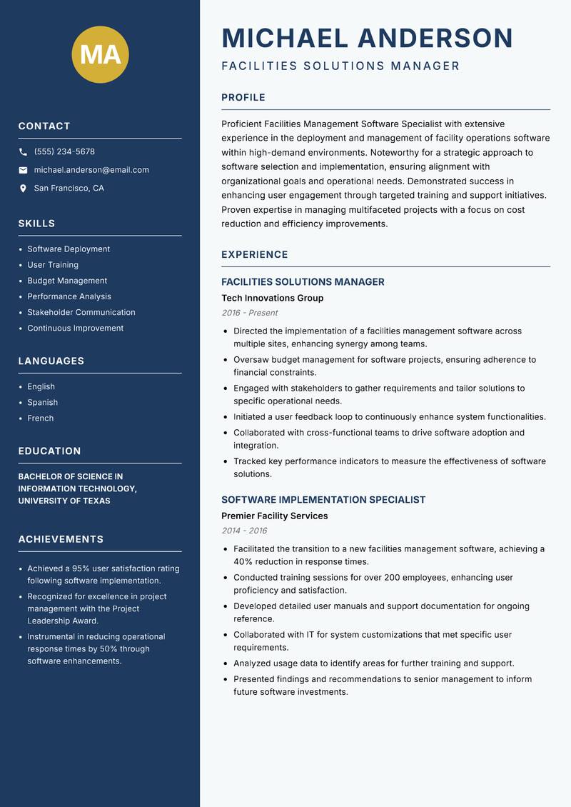 Facilities Management Software Specialist Resume Preview Example