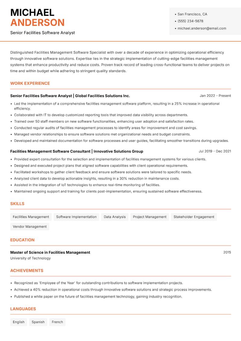 Facilities Management Software Specialist Resume Template