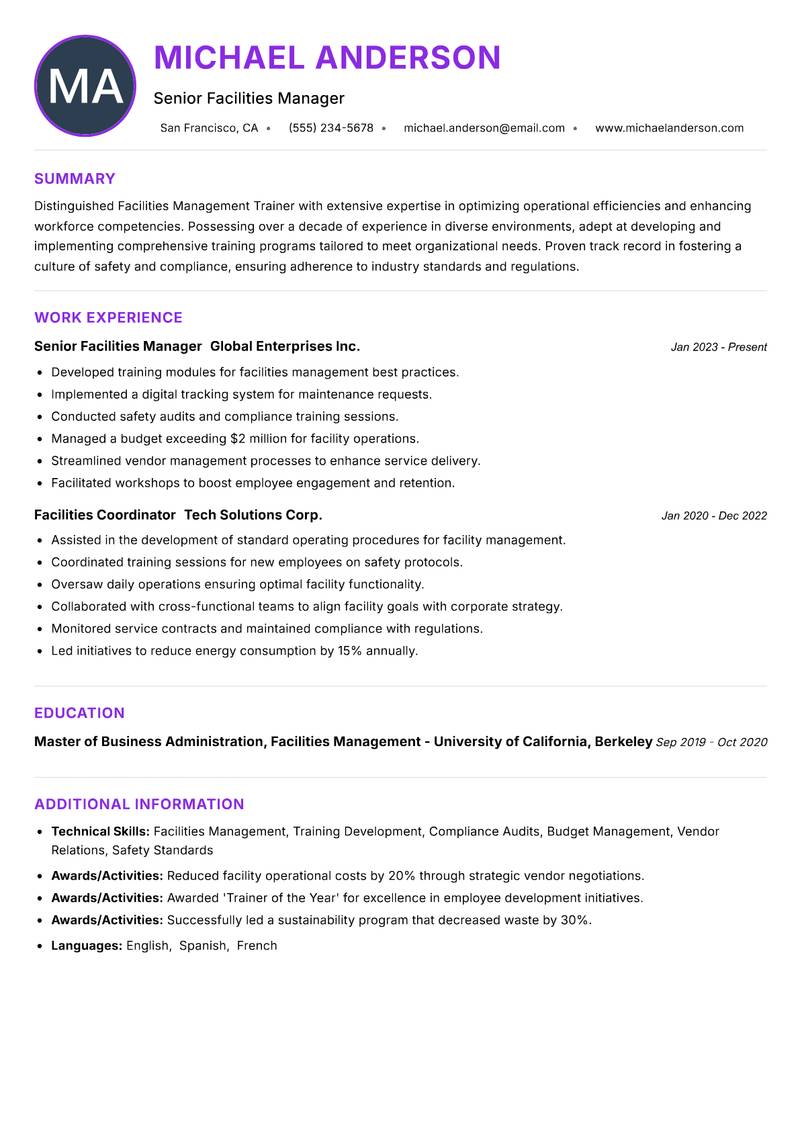 Facilities Management Trainer Resume Preview Example