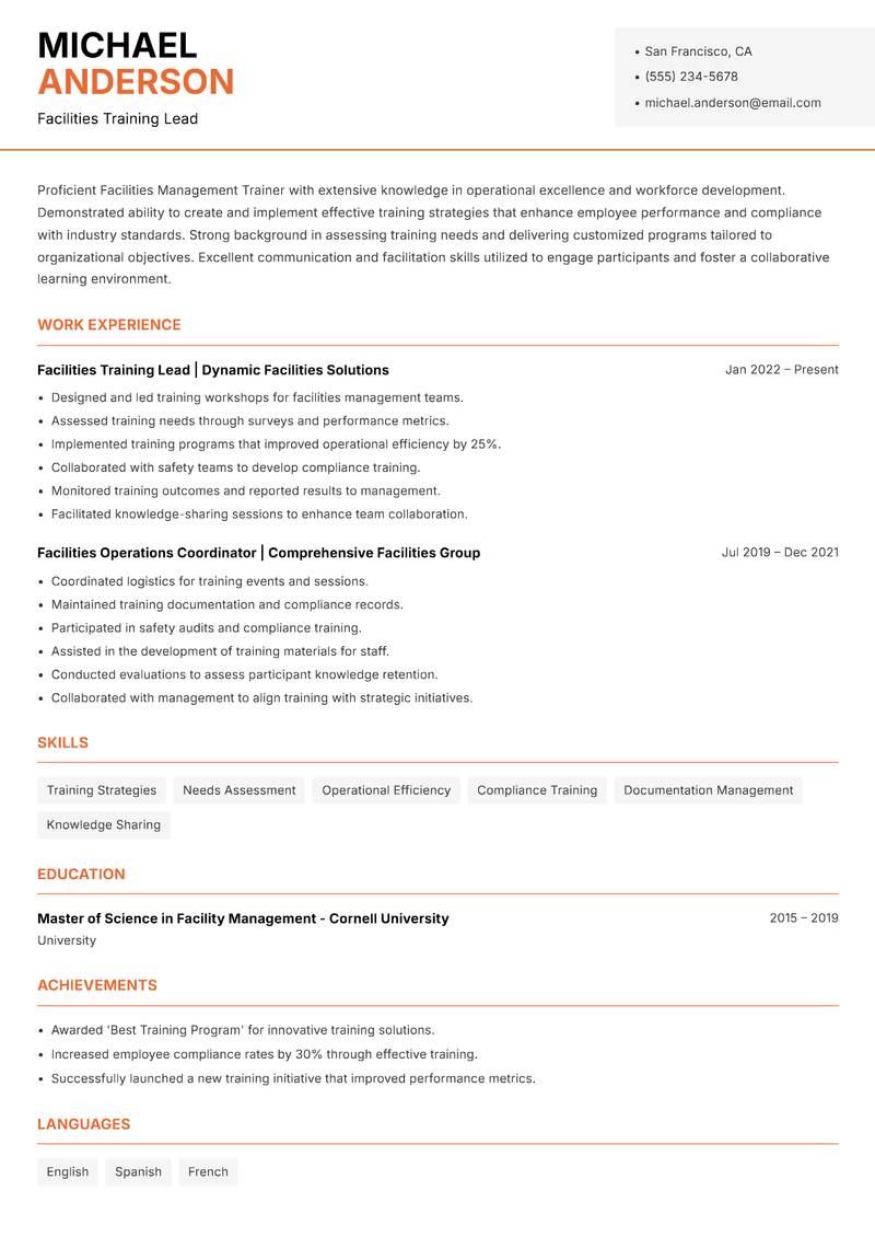 Facilities Management Trainer Resume Template