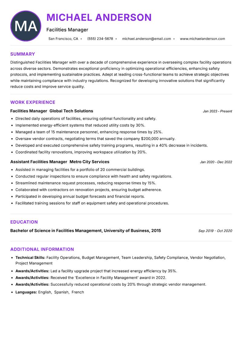 Facilities Manager Resume Preview Example