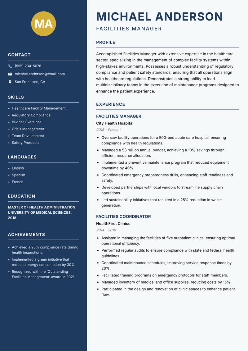 Facilities Manager Resume Preview Example