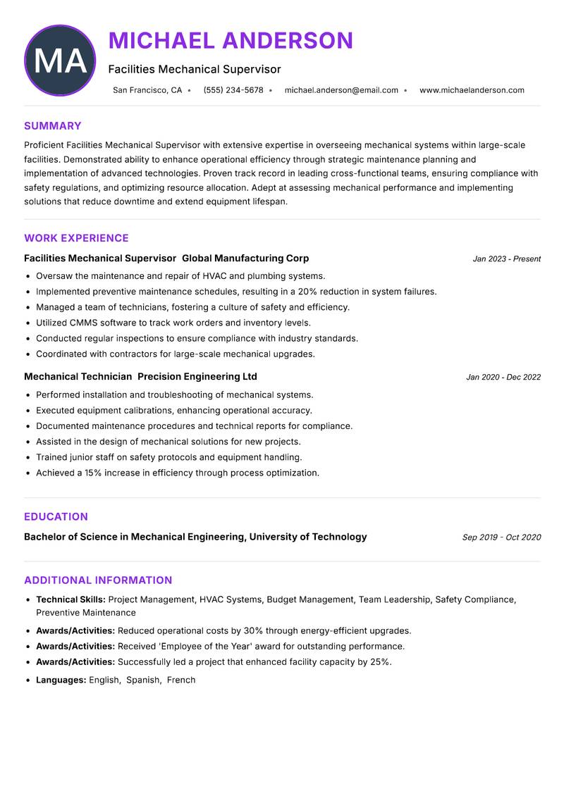 Facilities Mechanical Supervisor Resume Preview Example