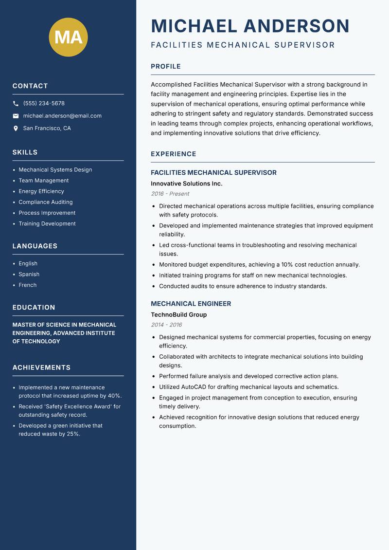 Facilities Mechanical Supervisor Resume Preview Example