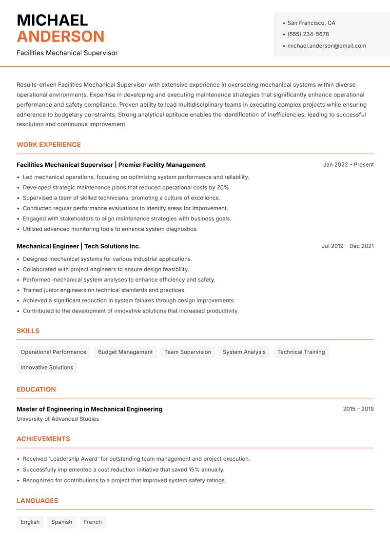 Facilities Mechanical Supervisor Resume Template