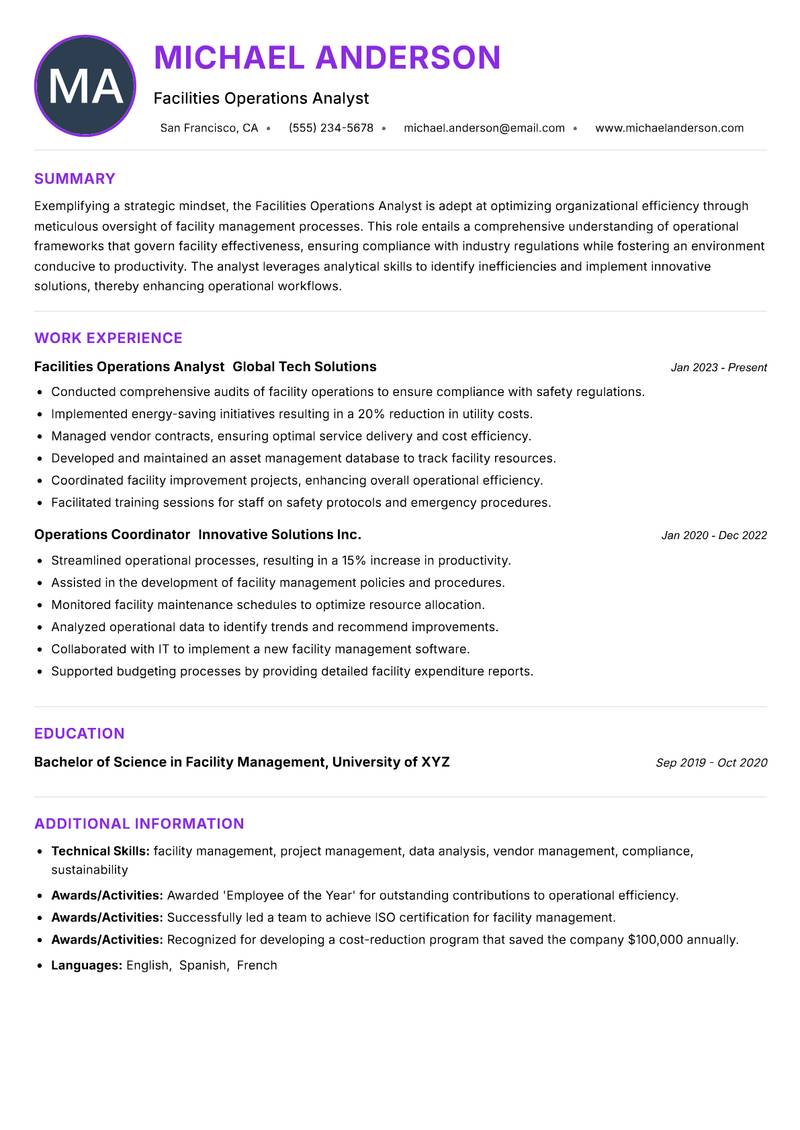 Facilities Operations Analyst Resume Preview Example