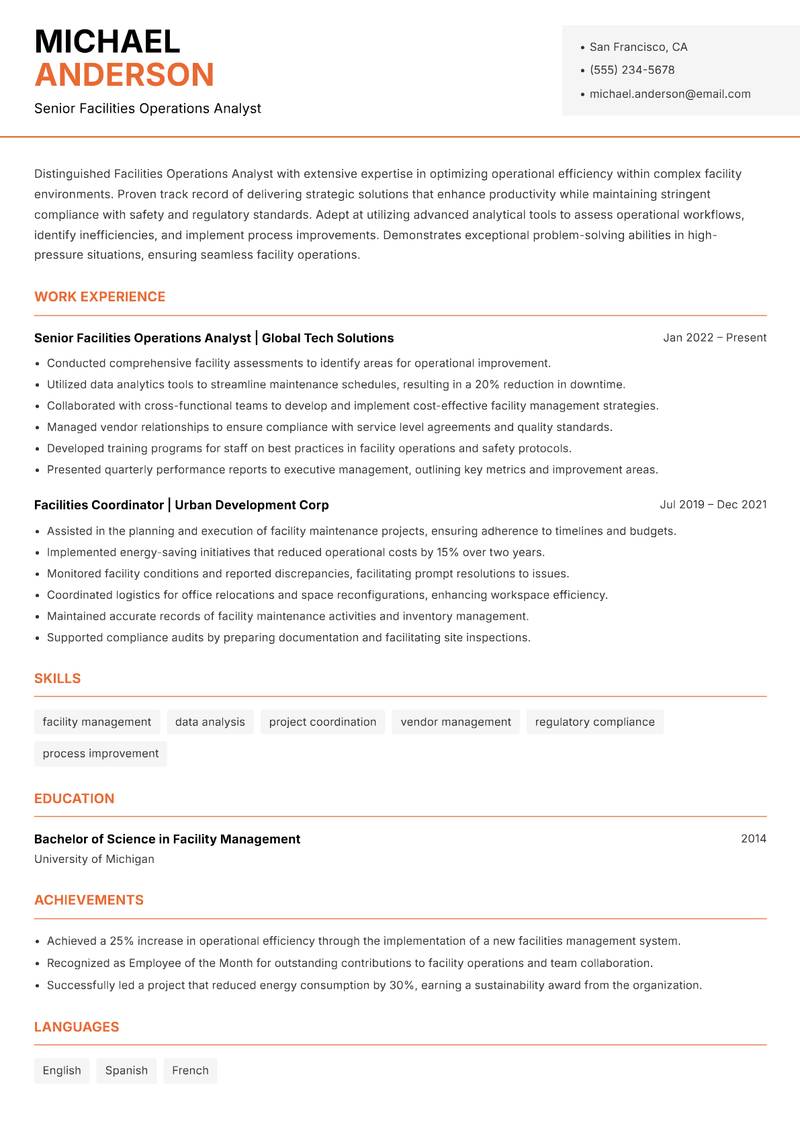Facilities Operations Analyst Resume Template