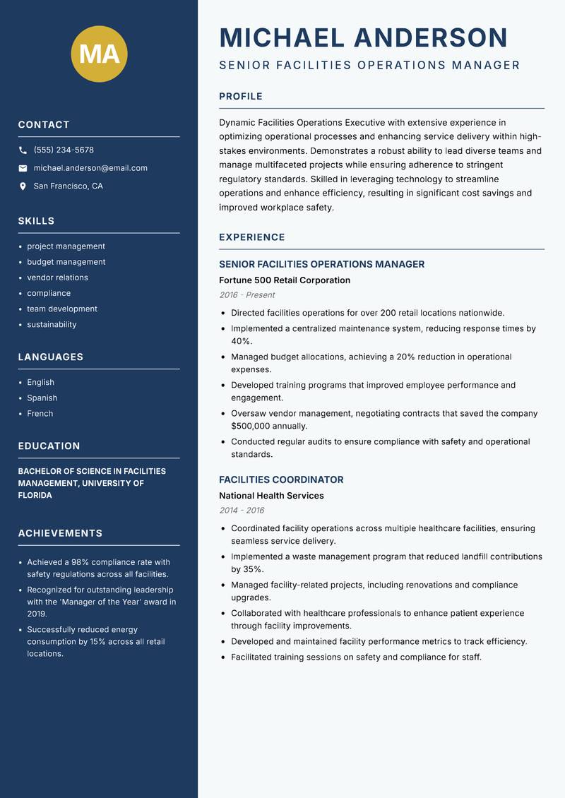 Facilities Operations Executive Resume Preview Example