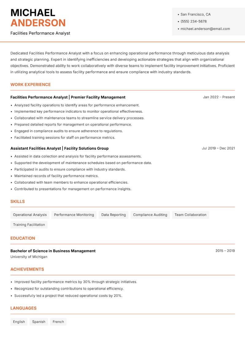 Facilities Performance Analyst Resume Template