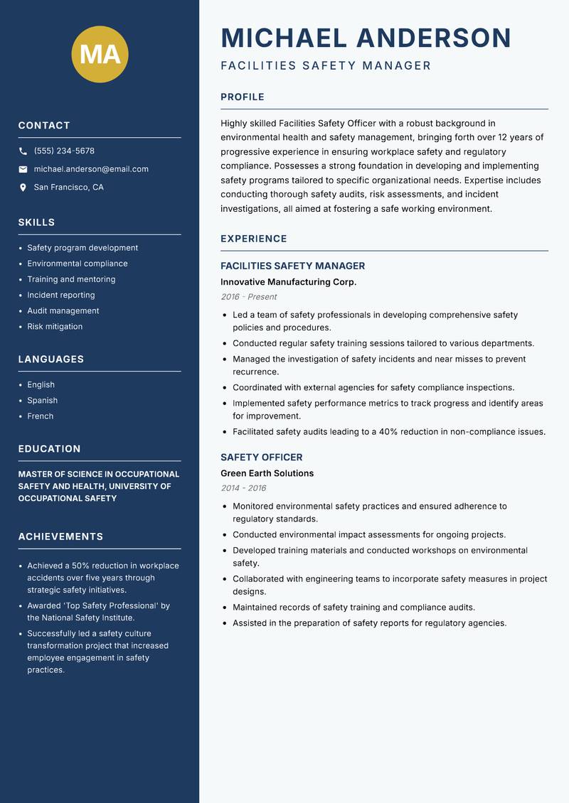 Facilities Safety Officer Resume Preview Example