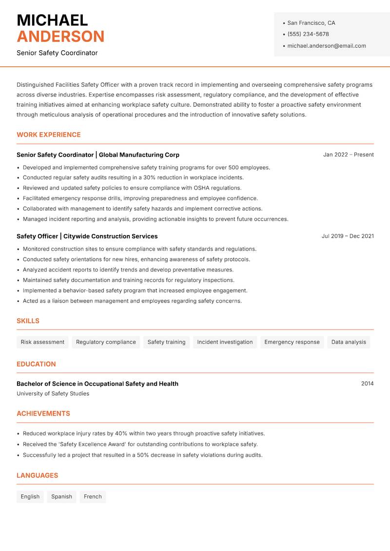 Facilities Safety Officer Resume Template