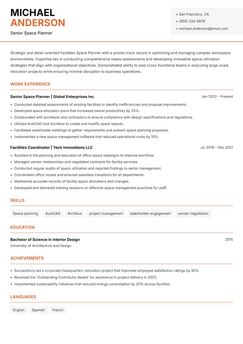 Facilities Space Planner Resume Template