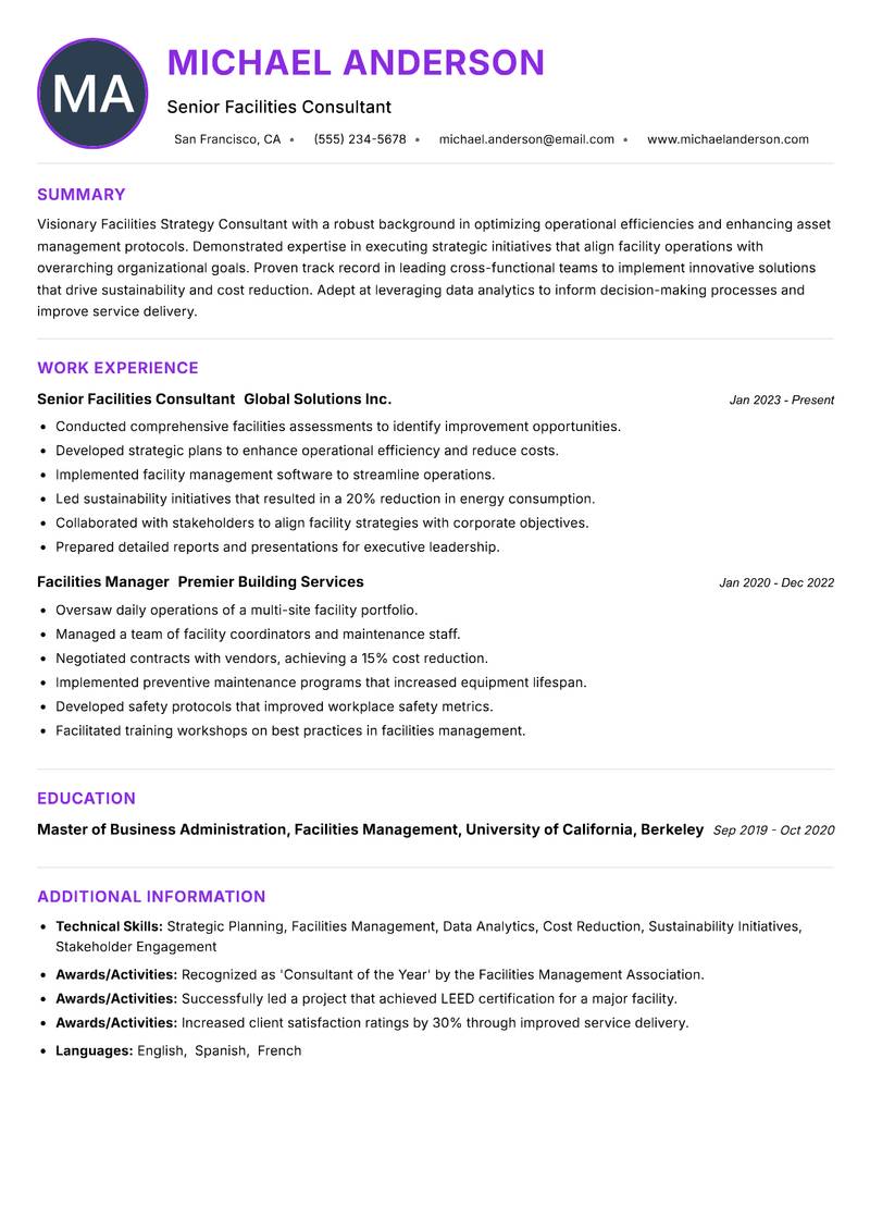 Facilities Strategy Consultant Resume Preview Example