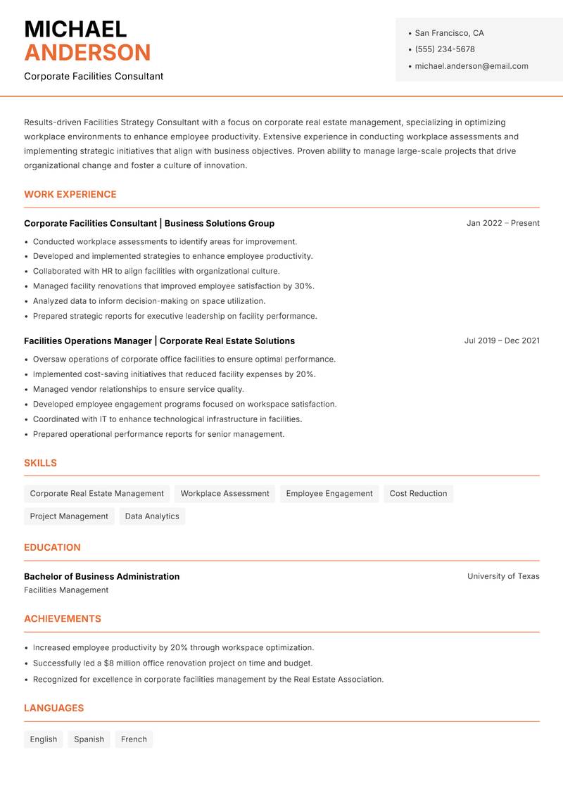 Facilities Strategy Consultant Resume Template