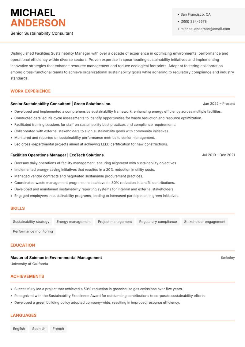 Facilities Sustainability Manager Resume Template
