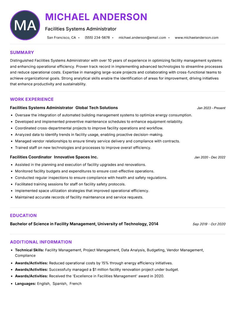 Facilities Systems Administrator Resume Preview Example