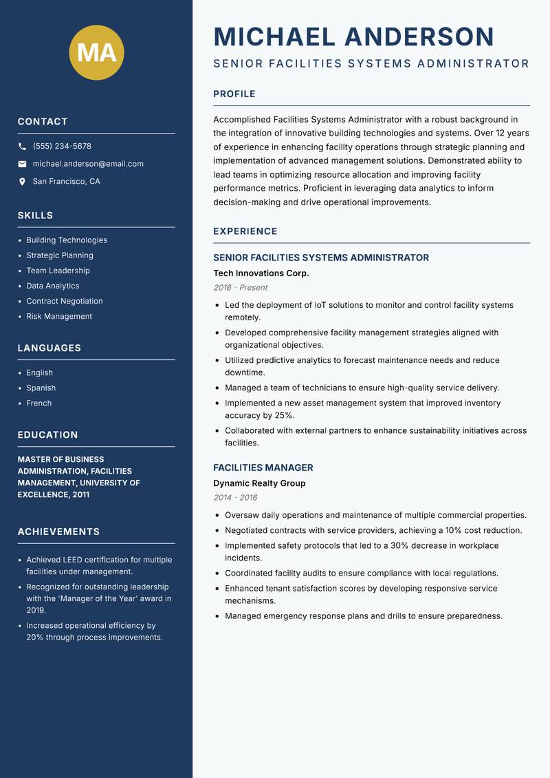 Facilities Systems Administrator Resume Preview Example