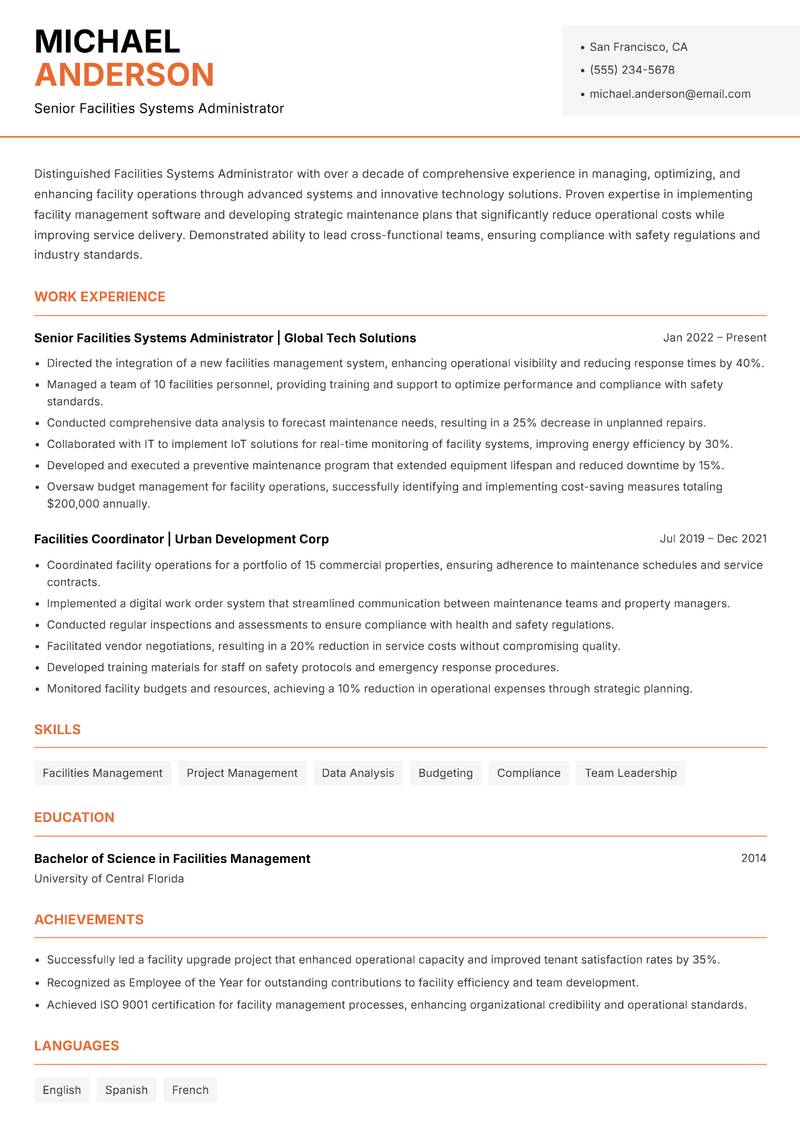 Facilities Systems Administrator Resume Template