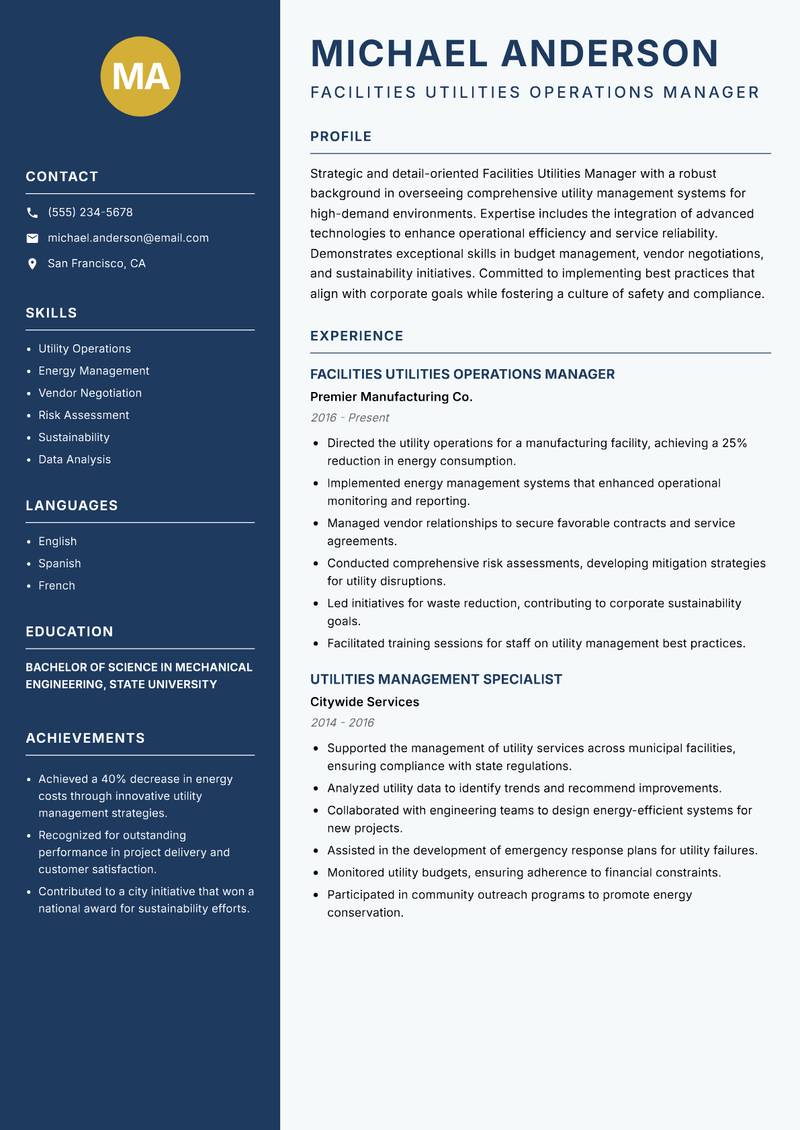 Facilities Utilities Manager Resume Preview Example